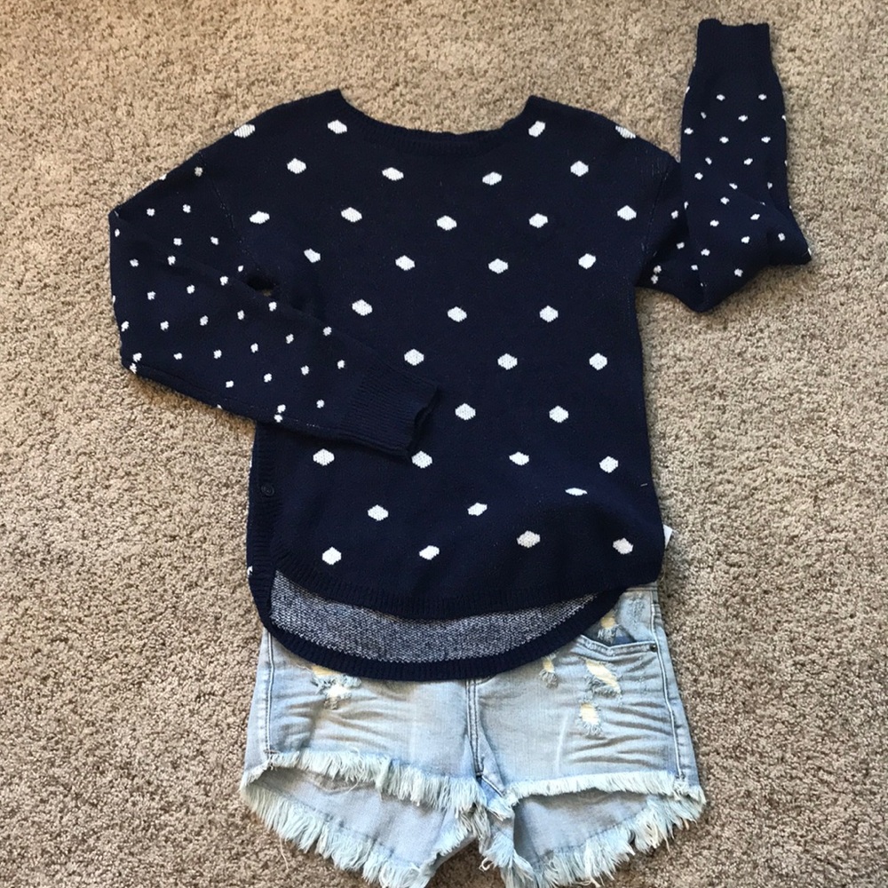 Blue sweater with white polka dots